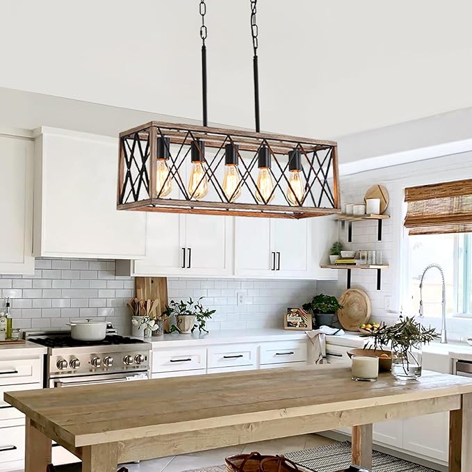 Farmhouse Light Fixtures,5-Light Dining Room Light Fixture,Height Adjustable, Industrial Metal Kitchen Pendant Lighting Over Island, Chandelier for Dining Table Kitchen Sink, Wood Grain Finish.
