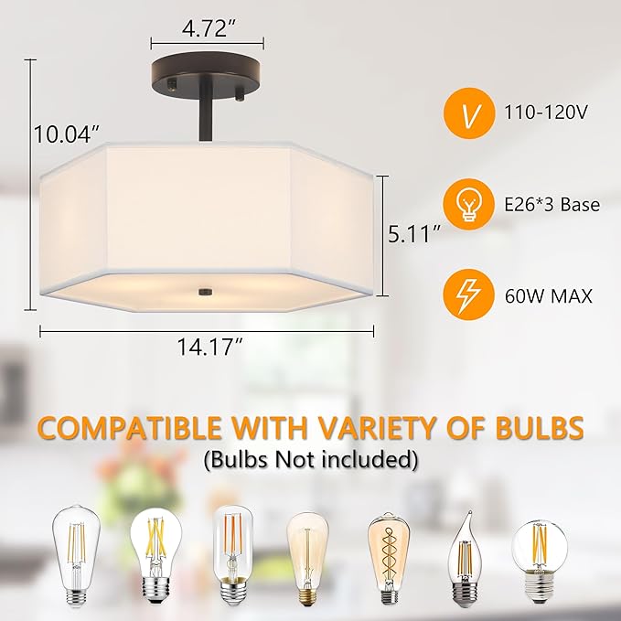 Modern Ceiling Light with White Fabric Shade 3-Light Black Semi Mount Flush Fixture for Bedroom Dining Room Kitchen and Hallway