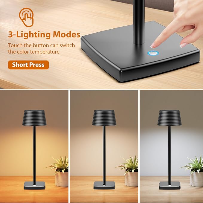 2Pack Cordless Table Lamps Rechargeable,Battery 6000mAh LED Portable Lights for Outdoor/Patio/Restaurant/Indoor Desk Lamp - IP54 Waterproof 3 Colors Stepless Dimming (2pack Black)