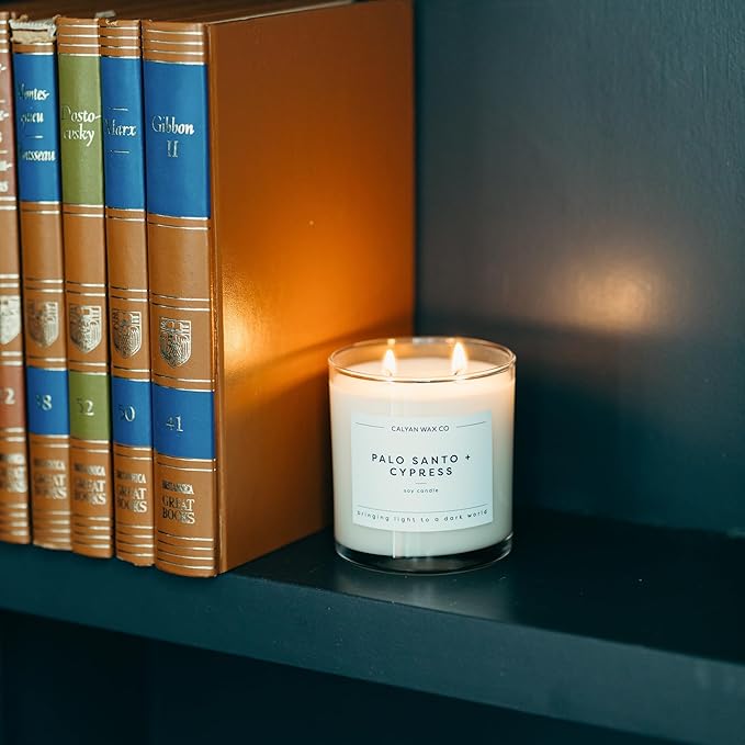 Calyan Wax Co. 2 Wick Candle, Palo Santo + Cypress Scented Candle, 37 Hour Burn Time, Aromatherapy Soy Candles, Non Toxic & Vegan Soy Wax, Glass Tumbler Scented Candles, 12.5oz