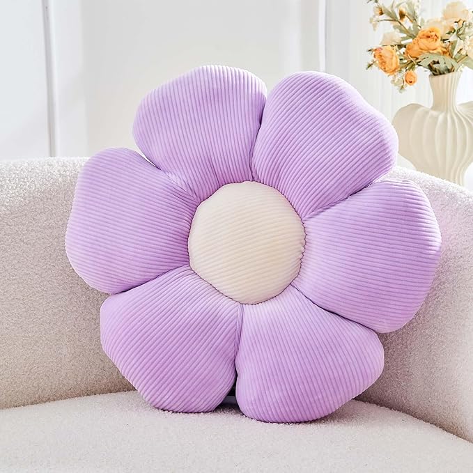 Lavender Flower Pillow, 19.6" Cute Flower Shaped Floor Pillow, Aesthetic Floral Plush Daisy Decorative Throw Pillows for Bed Sofa Couch