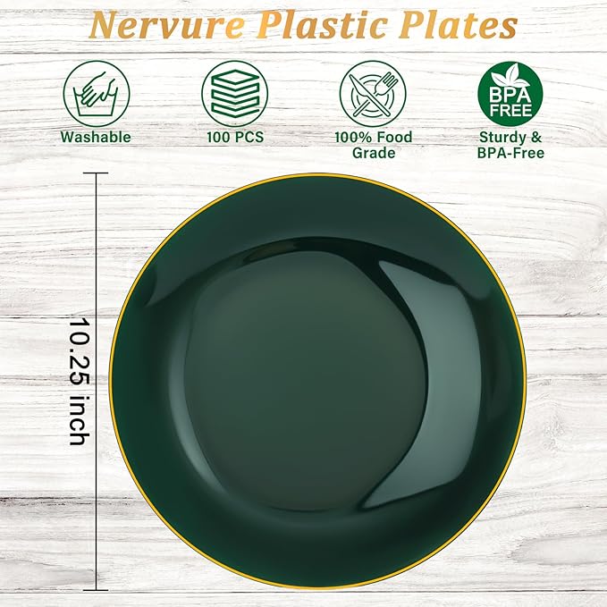 Nervure 100Pcs Green and Gold Plastic Plates - 10.25inch Disposable Green Dinner Plates - Heavy Duty Plastic Plate Ideal for Wedding & Party & Christmas