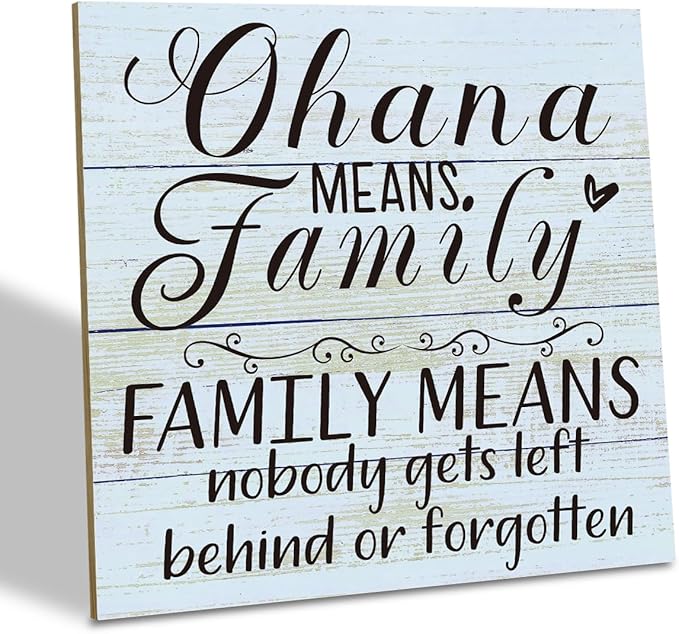 Family Wooden Plaque, “Family Means Nobody Gets Left Behind or Forgotten”, 6.2x6.2 Inch Table Art Sign, Farmhouse Quote Decor for Living Room or Home Tabletop F