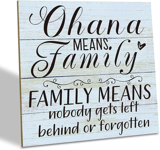 Family Wooden Plaque, “Family Means Nobody Gets Left Behind or Forgotten”, 6.2x6.2 Inch Table Art Sign, Farmhouse Quote Decor for Living Room or Home Tabletop F