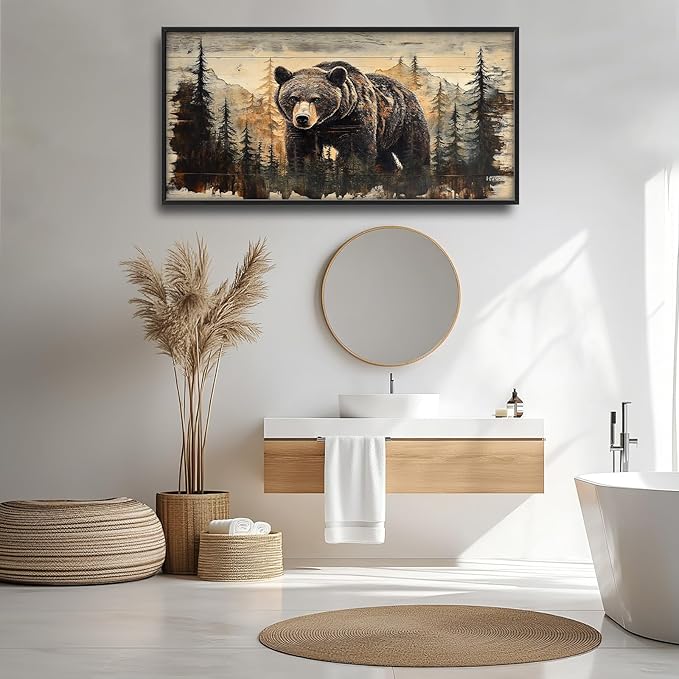 Cabin Wall Art for Living Room, Brown Bear Canvas Wall Decor, Large Wildlife Animal Pictures Framed Painting, Natural Landscape Artwork for Bedroom Office Home Decor 60L'' × 30W''