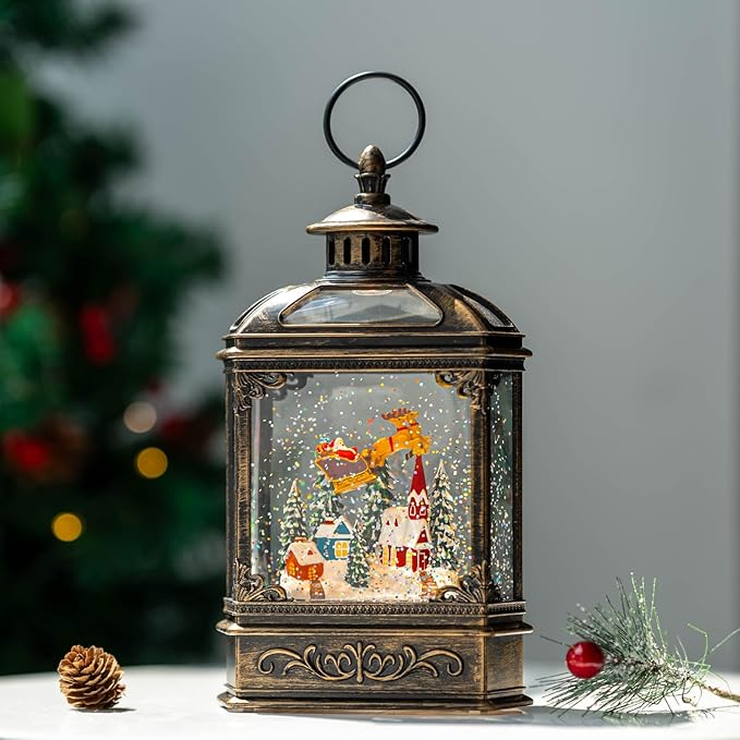 Christmas Snow Globe Swirling Glittering Lantern Santa Flying with Reindeer, USB Lined/Battery Operated Lighted Water Lantern for Christmas Festival Decoration Gifts