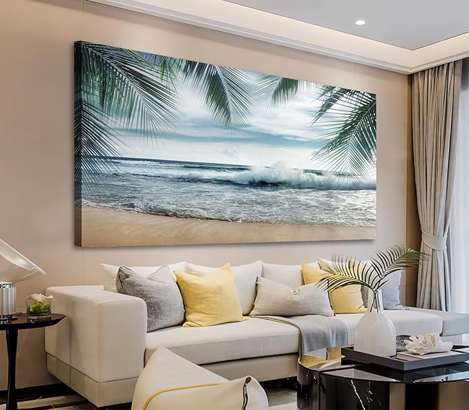 arteWOODS Tropical Beach Canvas Wall Art - Ocean Waves Pictures Coastal Oceanic Blue Sky Sea Print Seaside Palm Tree Leaves Scene Painting Artwork Living Room Bedroom Office Home Decor 29" x 58"