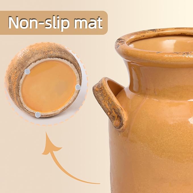 Quoowiit Ceramic Rustic Farmhouse Vase, Distressed Decorative Flower Vases for Home Decor, Ideal Shelf Decor, Yellow Boho Vase for Living Room Bedroom Kitchen Office Centerpiece Table Decorations