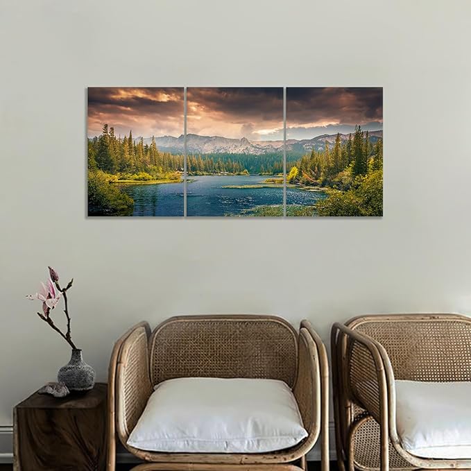 Lake Landscape Canvas Wall Art Poster Print White Clouds Forest Mountains HD Picture Painting Wall Decor Artwork for Modern Home Bedroom Bathroom Kitchen Wooden Framed Ready to Hang [36''W x 16''H]