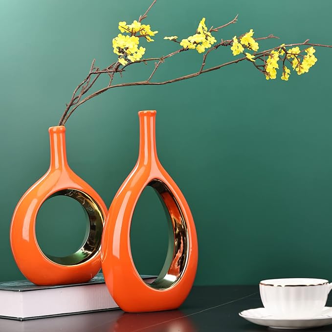 Orange and Gold Vase Ceramic Orange Vases Home Decor,Modern Minimalist Circle with Hole Decorative Vase, Hollow Ellipse Flower vases for Bookshelf, Fireplace Mantle,Centerpieces,Farmhouse,Rustic Décor