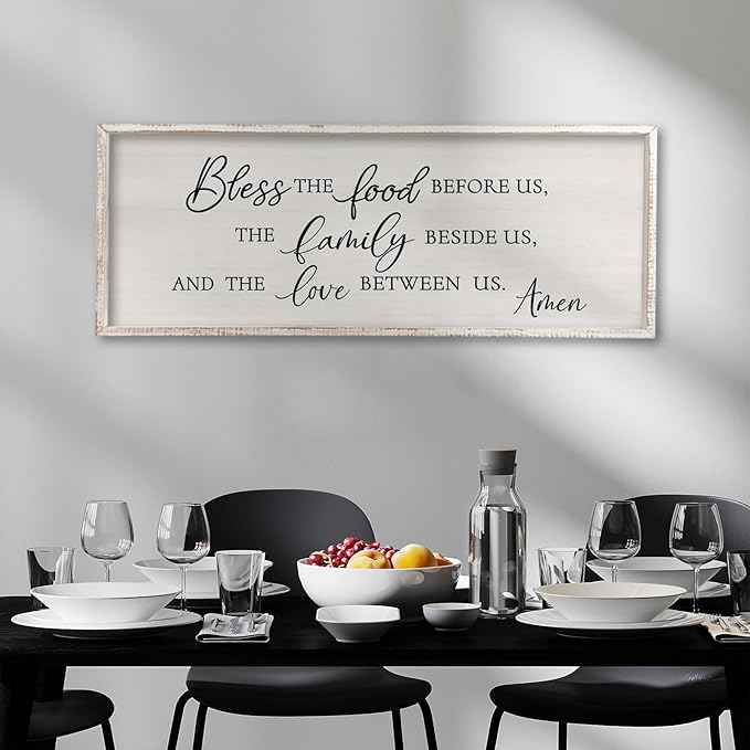 Surfapans Bless the Food Before Us Wall Decor, 32"X12" Farmhouse Dining Room Family Kitchen Sign, Christian Bible Verse Scripture Vintage Home Framed Wood Wall Art (White)