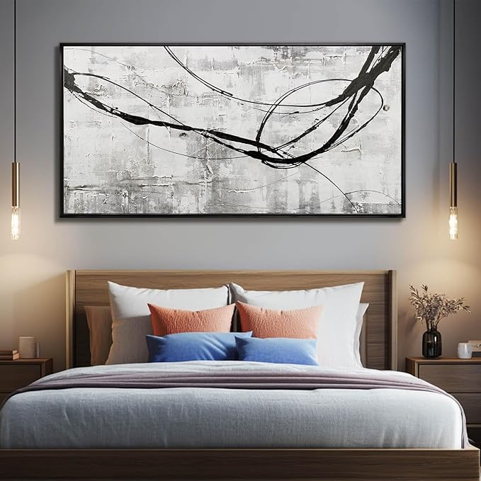 XIANSHOU Black Line Canvas Pictures Gray Decorative Painting 29"x58" Wood Wall Art Modern Art Prints Abstract Wall Art for Living Room Wall Pictures for Bedroom