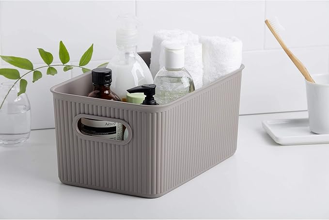 Superio Ribbed Collection - Decorative Plastic Lidded Home Storage Bins Organizer Baskets, Medium Taupe (1 Pack - 5 Liter) Stackable Container Box, for Organizing Closet Shelves Drawer Shelf