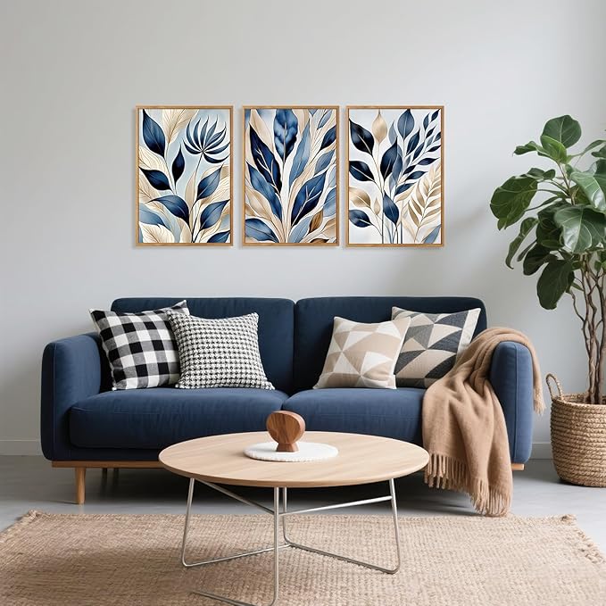 HPNIUB Botanical Leaf Framed Canvas Wall Art Set, Modern Natural Leaves Wall Decor, Minimalist Plant Floral Wall Painting, Abstract Aesthetic Leaf Art Print for Living Room,Bedroom,Office-16 x24 x3