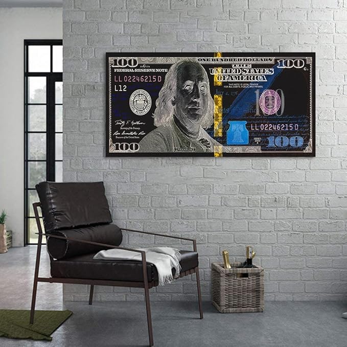 Inspirational Benjamin Franjlin 100 Dollar Money Canvas Wall Art Nordic Western Paintings USD Money Office Artwork HD Print for Guest Room Rest Room Wall Hangings Wooden Framed Ready to Hang-40"Wx20"H