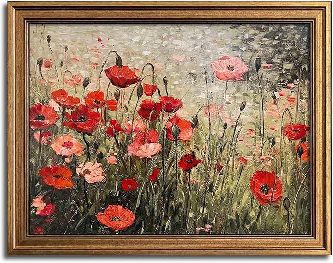 Vintage Wall Art Red Flower Painting, Framed Wall Art, Farmhouse Bedroom Kitchen Wall Art Decor (Flowers, 20L x 16W)