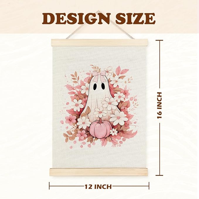 Supwhd Fall Floral Halloween Ghost Wall Art with Wooden Poster Hanger, Pink Bow Ghost Coquette Wall Decor, Coquette Preppy Room Decor, Halloween Pictures Wall Decor, 12x16