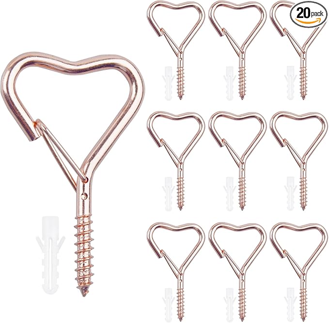 Lamp Wire Hook，Heart-Shaped Screw-in Wall Hooks for Outdoor Decor, Champagne Metal, Key Hook，Decorative Plant Hanging，Clothes Hook (Rose Gold, 10Pcs)