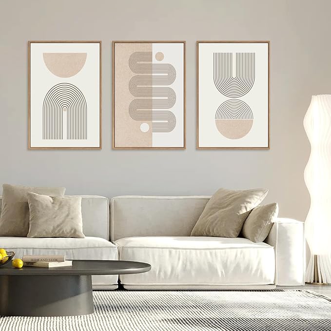 CHDITB Boho Framed Canvas Wall Art Set, Beige Bohemian Line Wall Decor, Mid-Century Modern Wall Painting, Abstract Neutral Geometric Art Print for Living Room, Bedroom, Office - 16"x24"x3