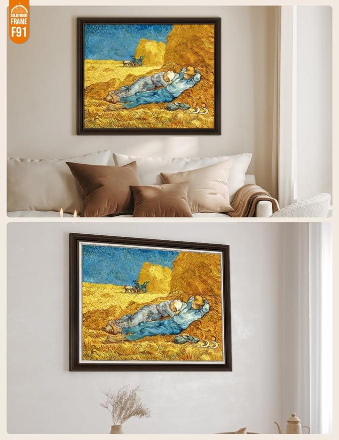 DECORARTS - Noon: Rest from Work, Vincent Van Gogh Art Reproduction. Acid Free Cotton Canvas Giclee Print w/Bronze Frame&Mat for Wall Decor.