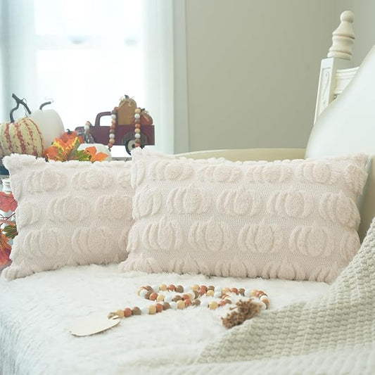 GEEORY Fall Pumpkin Throw Pillow Covers 12 x 20 Inch Set of 2, Autumn Soft Plush Faux Fur Wool Decorative Farmhouse Holiday Cushion Case for Home Decoration (Beige) GC002-12