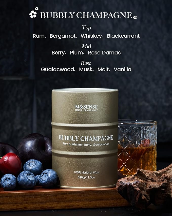 M&SENSE Bubbly Champagne Scented Candles - Home & Gift, Natural Soy, 70 Hour Burn Time, 11.3 oz