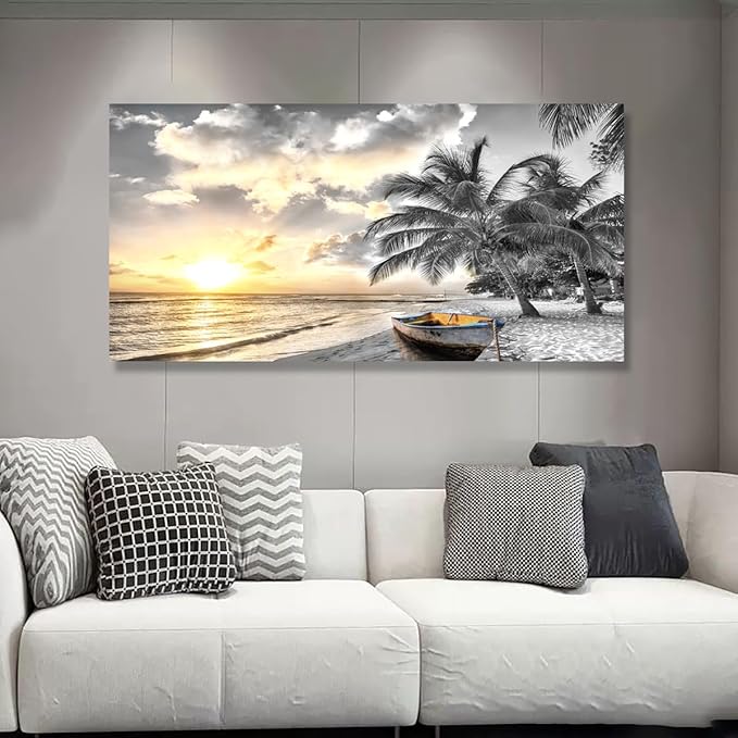 Black and White Beach Pictures Canvas Wall Art for Living room Bedroom Wall Decor,Seascape Wall Art Print Paitnings for home Decor,Morden Artwork Sunset Canvas Art Waterproof Stretched Ready to