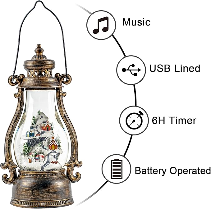 14.2" Christmas Village Buildings Tall Snow Globe Lantern Water Glittering Snowman Family with Music & Timer, USB Lined/Battery Operated Lighted Lantern for Christmas Festival Decoration Gifts