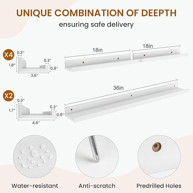 Axeman Picture Ledge Shelf, Floating Shelves for Wall Decor Storage Set of 6, 36 inch Floating Wall Mounted Shelves, Wall Shelves with Lip for Living Room, Bedroom, Nursery, Bathroom, Kitchen, White