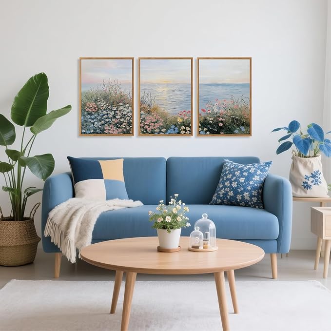 CHDITB Seaside Floral Framed Canvas Wall Art Set, Nature Inspired Ocean View Wall Decor, Sunrise Art Spiritual Wall Painting, Coastal Wildflowers Art Prints for Living Room, Office-Size 16"x24"x3