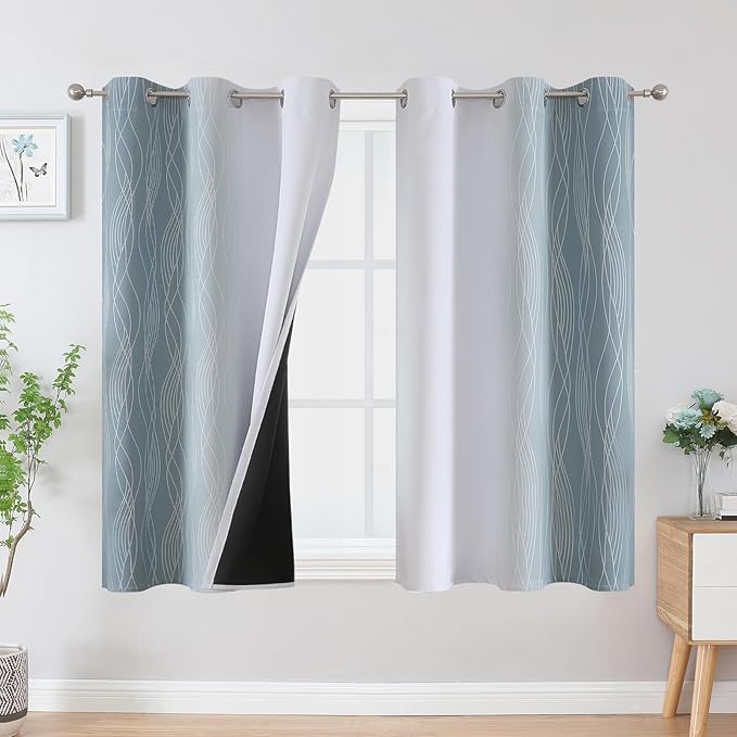 Estelar Textiler Stone Blue and Greyish White Ombre Blackout Curtains 45 Inch Length 2 Panels, Full Room Darkening Drapes for Kitchen, Thermal Insulated Grommet Short Curtains for Bathroom,42Wx45L