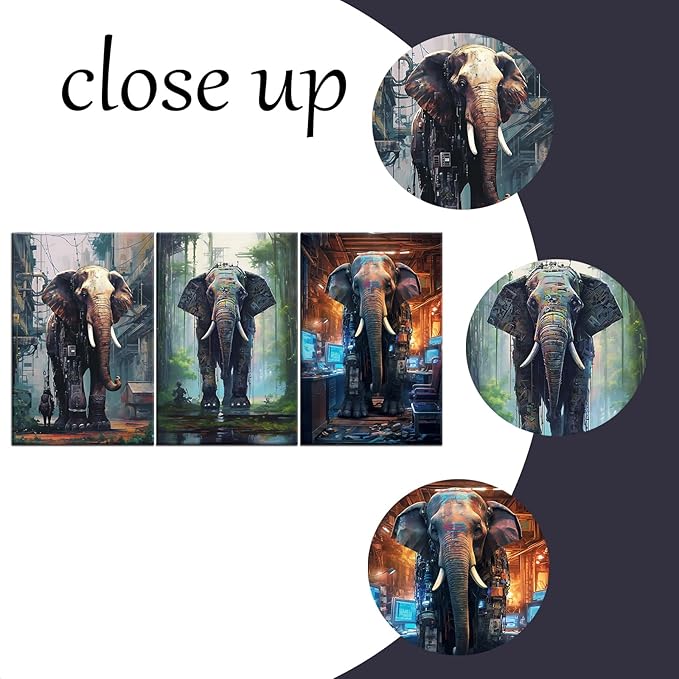 Abstract Animal Canvas Wall Art 3 Pieces Posters Print Cyberpunk Style Giant Machine Elephants Picture Painting Artwork for Modern Home Living Room Bedroom Office Stretched and Framed [48''W X 24''H]