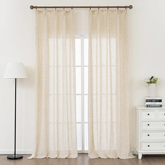 Burlap Linen Semi Sheer Curtains 84 Inches Long, Neutral Flax Light Filtering Drapes, Beige Retro Window Treatments, Rustic Farmhouse Pinch Pleat Curtain with Hooks