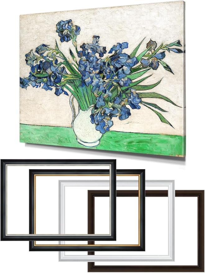 DECORARTS - Vase with Irises 1889 by Vincent Van Gogh Art Reproduction. Oversize Solid Wooden Frame Matching with Giclee Prints Canvas Wall Art. Total framed size: 43x35