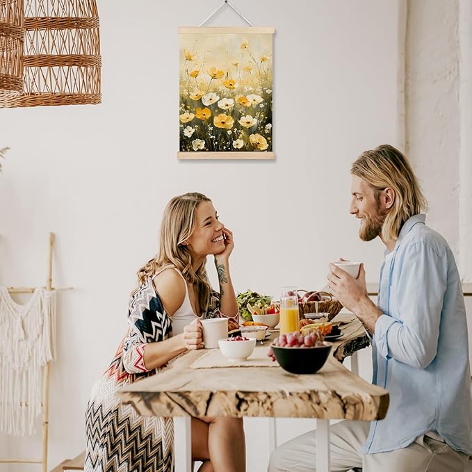 FITIE Watercolor Wildflowers Wall Art Poster Framed, Rustic Farmhouse Decor, Floral Room Decor, Fall Wall Decor Poster Hanger Frame, Rustic Cottagecore Yellow White Flower Field Canvas Wall Art Prints for Home Office, 12x16 Inches