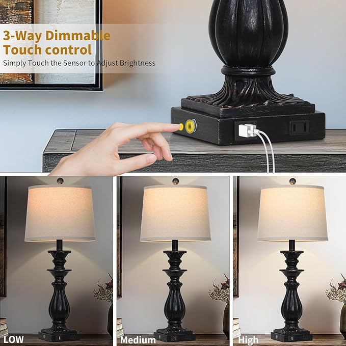 28" Farmhouse Table Lamps Set of 2 for Living Room, 3 Way Dimmable Bedside Lamp with USB C+A Ports & AC Outlet, Resin Vintage Tall Nightstand Lamps for Bedroom Office Hallway, Black
