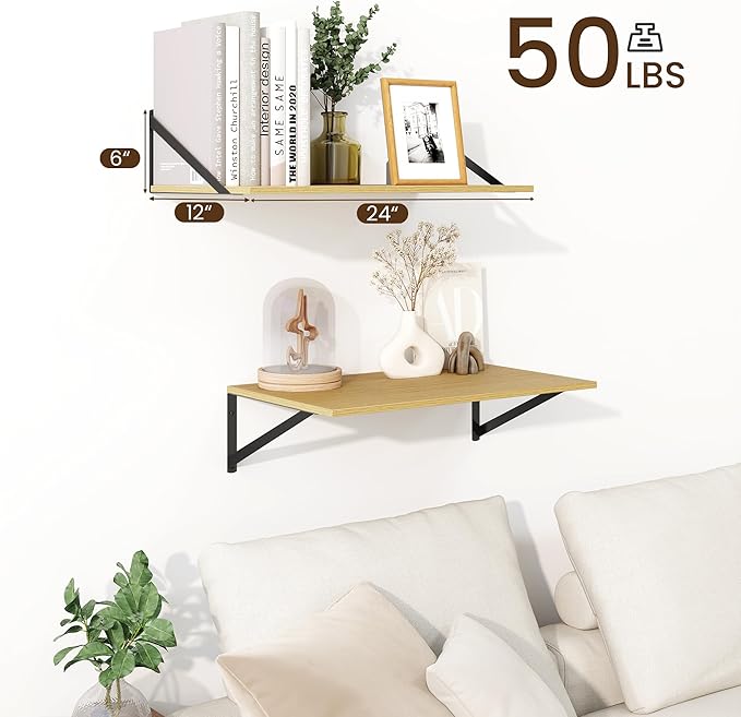 Fun Memories Floating Shelves for Wall, 12 Inch Deep Floating Shelves Set of 2, 24W x 12D Large Wall Shelf with Sturdy Metal Brackets for Living Room, Bathroom, Bedroom and Kitchen, Oak