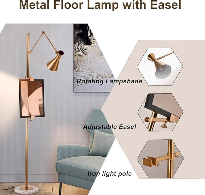 Metal Floor Lamp with Easel, Adjustable 360° Swing-Arm Standing Lamps, 67in Tall Lamp with Marble Base for Living Room, Painting Rooms, Bedroom, Offices, Courtyards, Gold