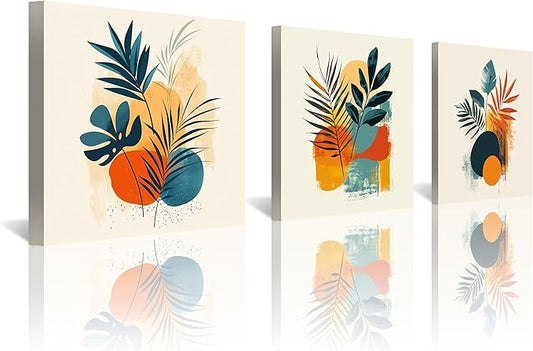 NAN Wind 3Pcs Tropical Leaf Wall Art Palm Frond and Foliage Canvas Print with Bold Orange Teal Yellow Shapes Mid-Century Modern Botanical Plant Pictures for Boho Living Room Bedroom Office Wall Decor