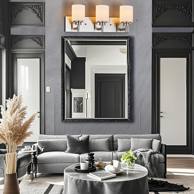 Bathroom Light Fixture, Brushed Nickel | 24 Inch 3 Lights, White Glass Shade, Farmhouse Style - Vanity Lights for Bathroom, Living Room, Bedroom