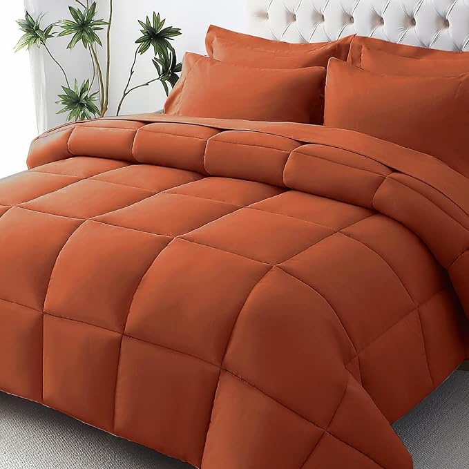 JOLLYVOGUE California King Comforter Set, Ultra-Soft Bed in a Bag Cal King Size 7 Pieces, Oeko-TEX Certified Bedding Set with Down Alternative Comforter, Sheets, Pillowcases & Shams, Burnt Orange