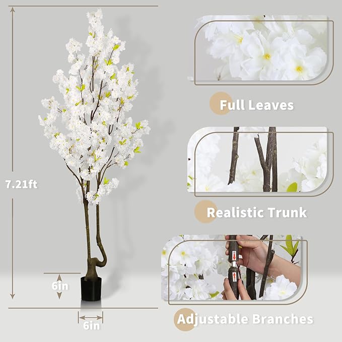Faux White Cherry Blossom Tree 7ft(84in) Tall Artificial Plant Indoor Decor Handmade Natural Fake White Flower Tree for Wedding Realistic Cherry Plant in Pot for Home Living Room,Office,Outdoor Decor.