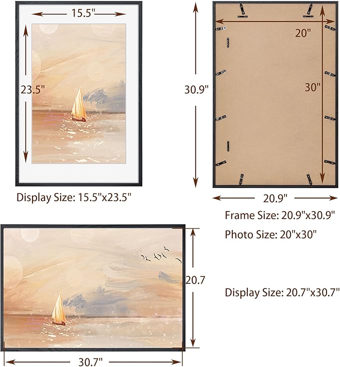 20x30 Picture Frame, Rustic Wood 20 x 30 Poster Frames for Wall, Oak Wood Picture Frames 20 by 30 with Real Glass, 20x30 Frame Matted for 16x24, Large Wooden Photo Frame 20x30 Inch, Black Color, 2 Pack