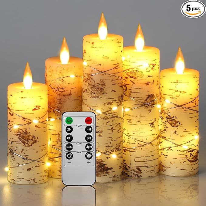 Da by LED Candles Hand Painted Birch Bark Recessed String Candles Set of 5 (Heights: 4", 5", 6", 7", 8") Battery Powered with Dancing LED Flame