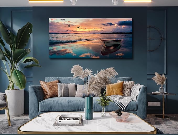 OKEXCKK Coastal Wall Decor Beach Canvas Wall Art Picture for Living Room - Sunset Ocean Landscape Painting Print Decor Blue Seascape Nature Artwork Poster for Bedroom Office Decoration - 20"x40"