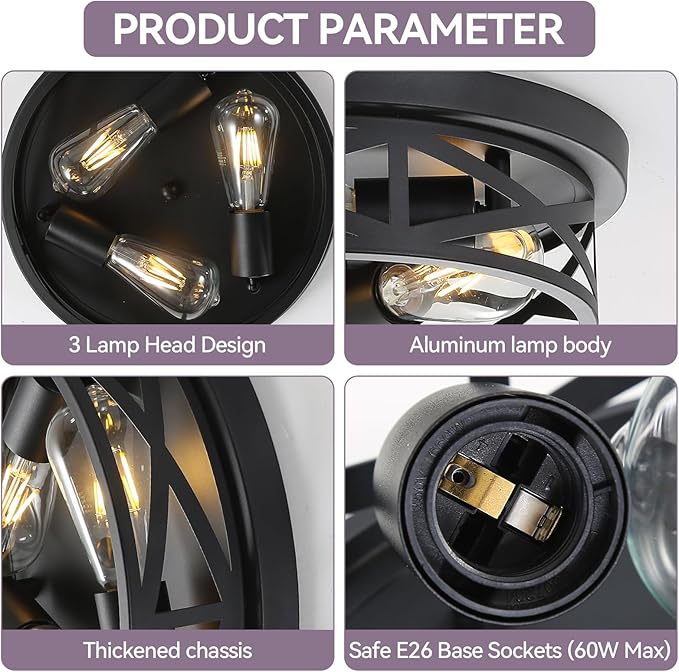 13 inch Black Flush Mount Ceiling Light Fixtures,3-Light Industrial Farmhouse Ceiling Light Fixture，Black Light Fixture Ceiling Mount for Kitchen Bedroom Living Room Hallway 2 Pack