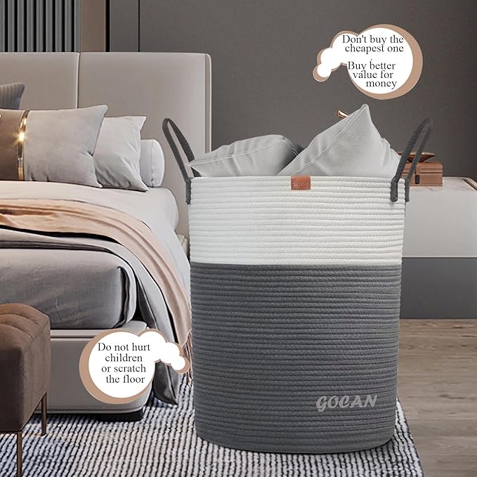 large tall sturdier Laundry Hamper Basket Woven Storage Baskets for clothes Pillows Blanket Toy in living or bed room decoration H50XD38cm grey/beige