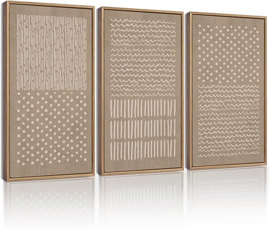 KUVIOKE Boho Mid-Century Modern Wall Art Framed Neutral Retro Minimalist Geometric Prints Rustic Bohemain Artwork Kitchen Dining Room 16x24in (Natural Framed)