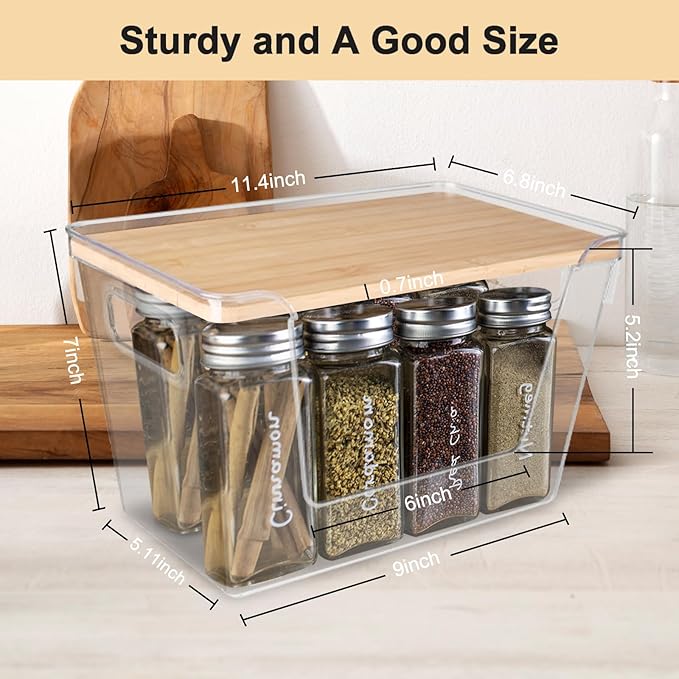 2 Pack Pantry Organizers Storage for Kitchen, Storage Bins with Bamboo Lids, Large Capacity, Clear Stackable Storage Containers forHome, Cabinet, Shelf, Food Storage & Fridge Organization