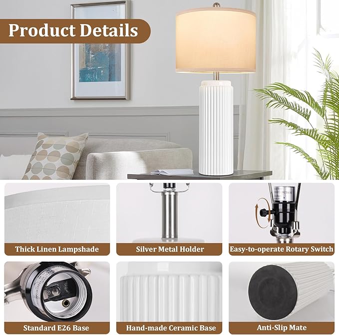 TOBUSA 28’’ Modern White Ceramic Lamps Set of 2 for Living Room, Vintage Nightstand Lamps for Bedroom, Farmhouse Bedside Lamps with Linen Shade, Elegant Decor Lamp Sets for Home Office